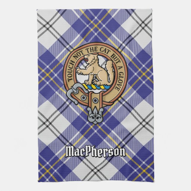 Clan MacPherson Wappen über Blue Dress Tartan Geschirrtuch (Vertikal)
