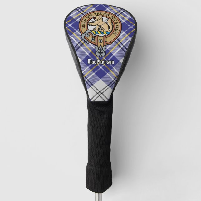 Clan MacPherson Wappen über Blue Dress Tartan Golf Headcover (Vorderseite)