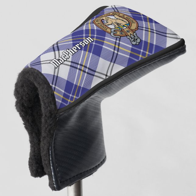 Clan MacPherson Wappen über Blue Dress Tartan Golf Headcover (3/4 Vorderseite)