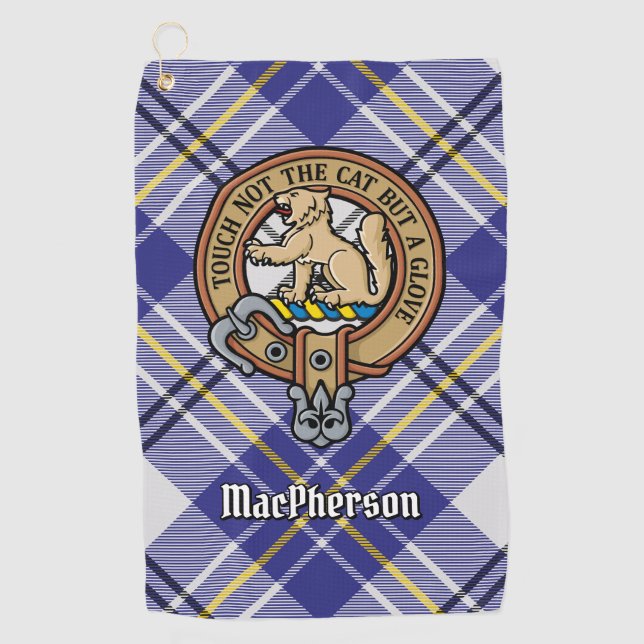 Clan MacPherson Wappen über Blue Dress Tartan Golfhandtuch (Vorderseite)
