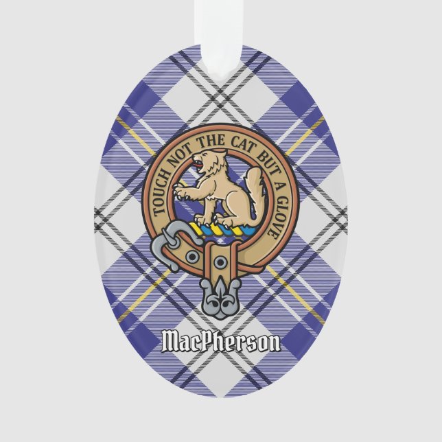 Clan MacPherson Wappen über Blue Dress Tartan Ornament (Vorderseite)