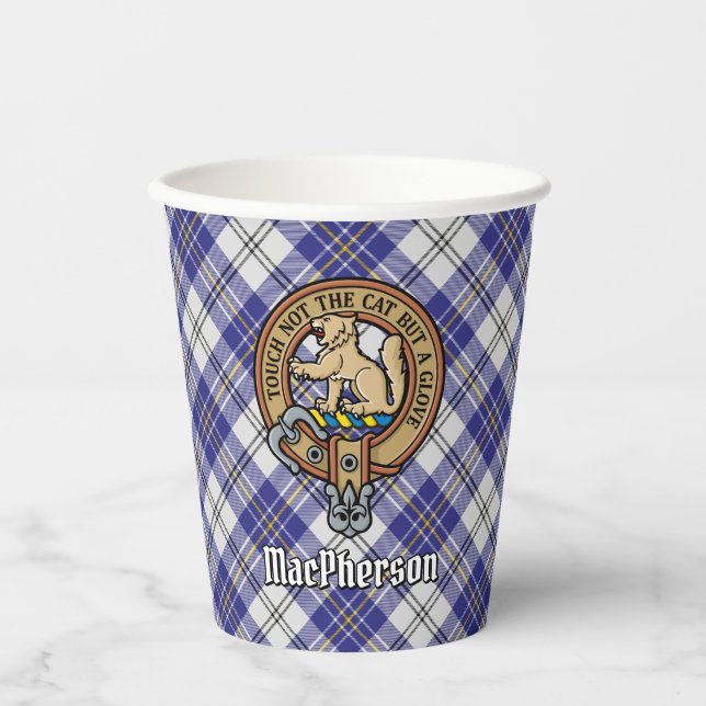 Clan MacPherson Wappen über Blue Dress Tartan Pappbecher (Vorderseite)