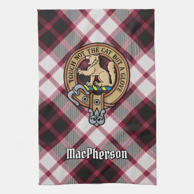 Clan MacPherson Wappen über die Jagd auf Tartan Geschirrtuch (Vertikal)