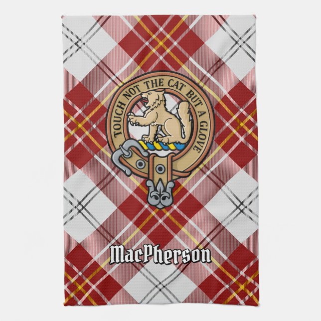 Clan MacPherson Wappen über Red Dress Tartan Geschirrtuch (Vertikal)