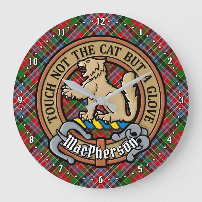 Clan MacPherson Wappen über Tartan Große Wanduhr (Vorderseite)