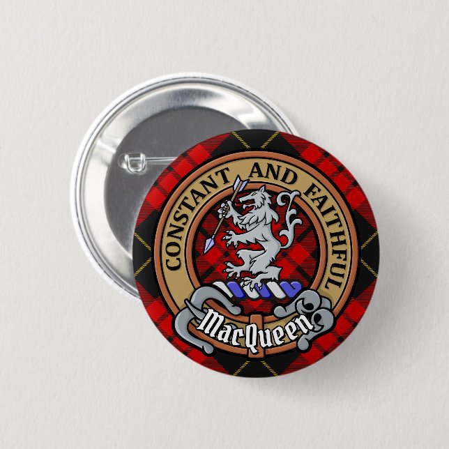Clan MacQueen Crest über Tartan Button (Vorne & Hinten)