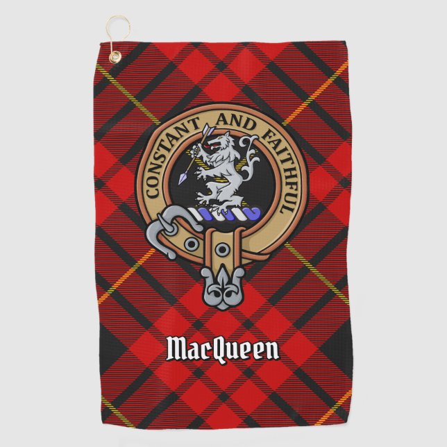 Clan MacQueen Crest über Tartan Golfhandtuch (Vorderseite)