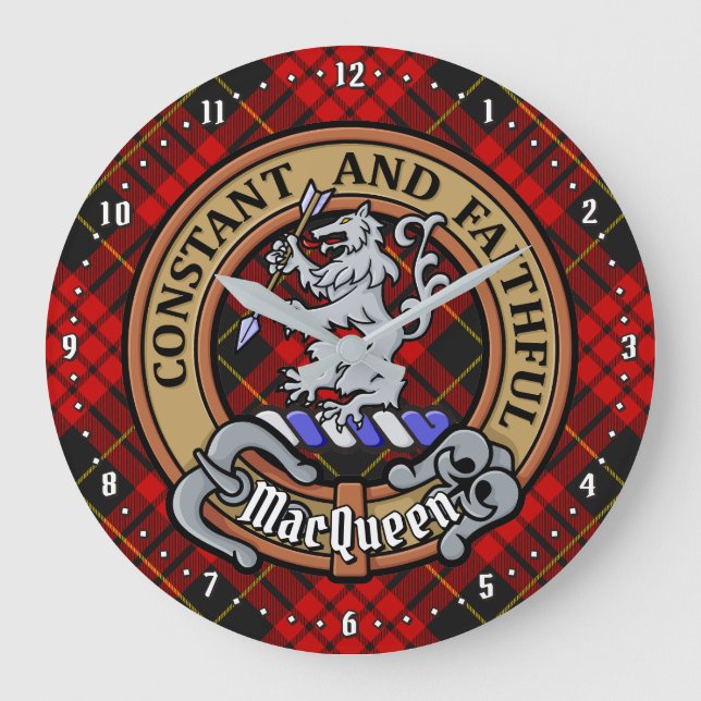 Clan MacQueen Crest über Tartan Große Wanduhr (Vorderseite)