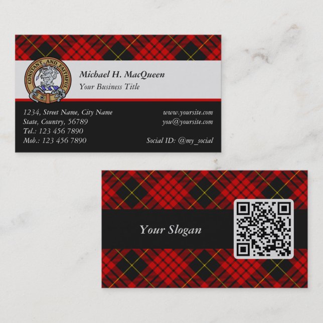 Clan MacQueen Crest über Tartan Visitenkarte (Vorne/Hinten)