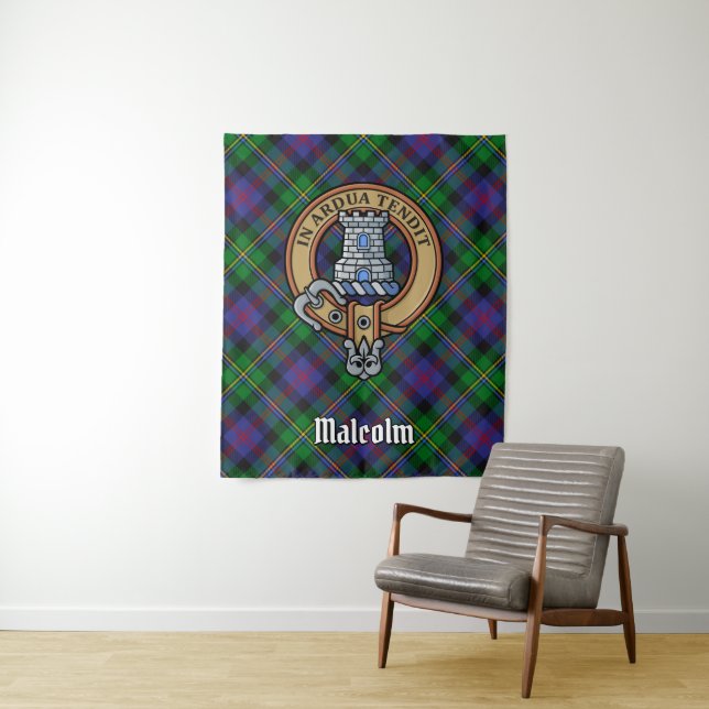 Clan Malcolm Crest over Tartan Wandteppich (Beispiel)