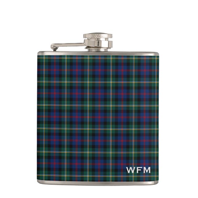 Clan Malcolm Tartan Dark Blue und Green Monogram Flachmann (Vorderseite)