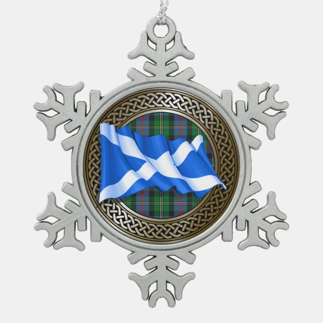 Clan Malcolm Tartan Knot & Flag Schneeflocken Zinn-Ornament (Vorderseite)