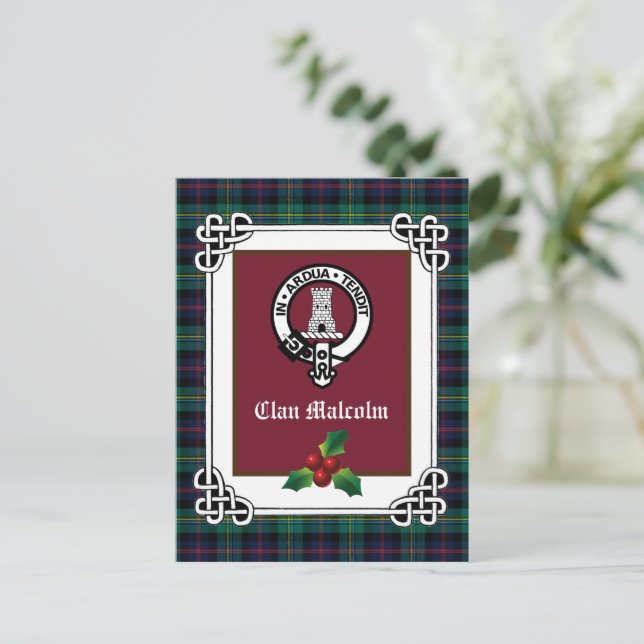 Clan Malcolm Wappen Abzeichen & Tartan Postkarte (Stehend Vorderseite)