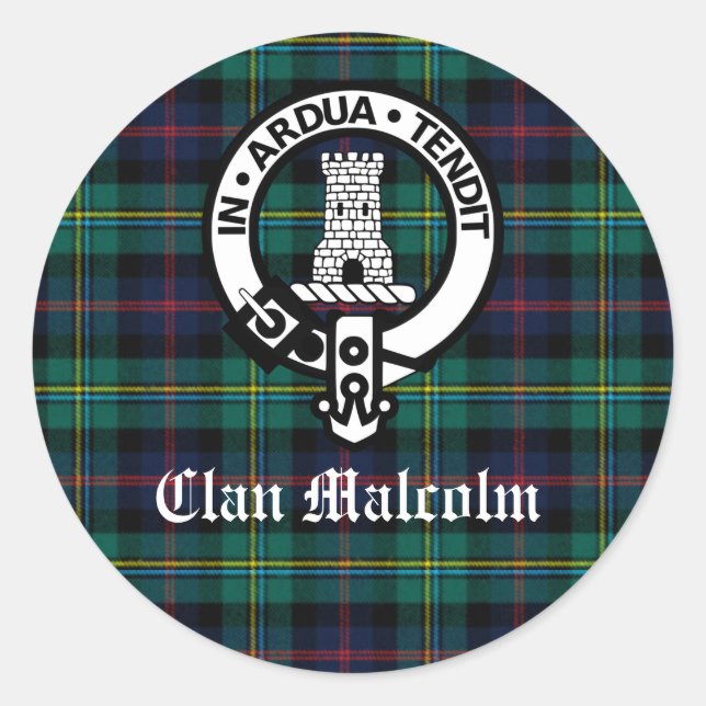 Clan Malcolm Wappen Abzeichen und Tartan Runder Aufkleber (Vorderseite)