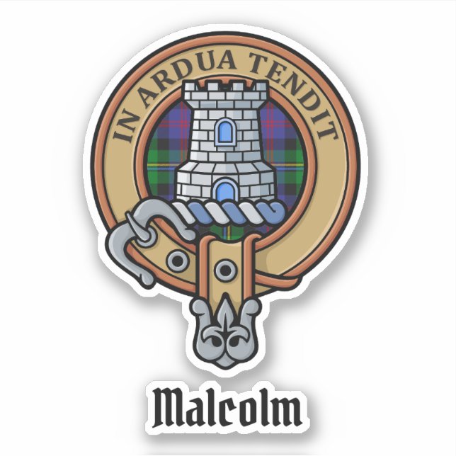 Clan Malcolm-Wappen über Tartan Aufkleber (Vorderseite)