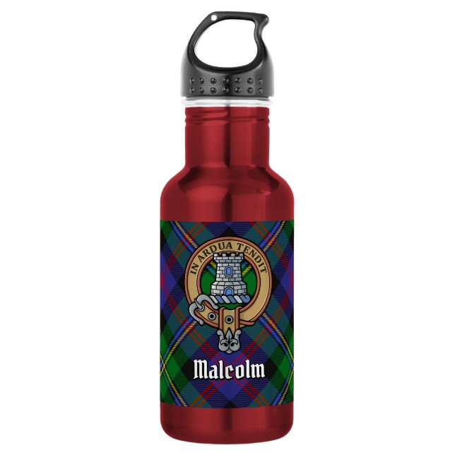 Clan Malcolm-Wappen über Tartan Edelstahlflasche (Vorderseite)