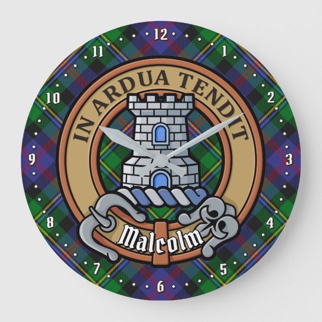 Clan Malcolm-Wappen über Tartan Große Wanduhr (Vorderseite)
