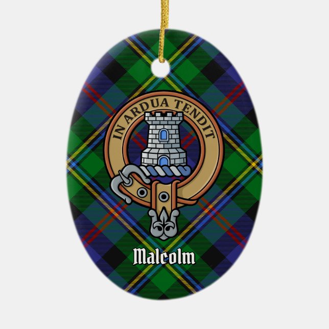 Clan Malcolm-Wappen über Tartan Keramik Ornament (Vorne)