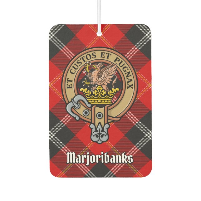 Clan Marjoribanks Wappen über Tartan Autolufterfrischer (Vorderseite)