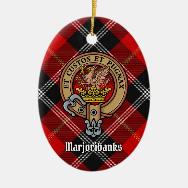 Clan Marjoribanks Wappen über Tartan Keramik Ornament (Vorne)