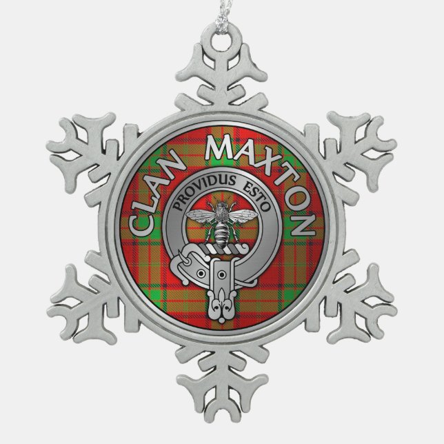 Clan Maxton Wappen & Tartan Schneeflocken Zinn-Ornament (Vorderseite)