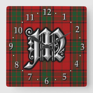 Clan Maxwell Letter M Monogram Red Green Tartan Quadratische Wanduhr