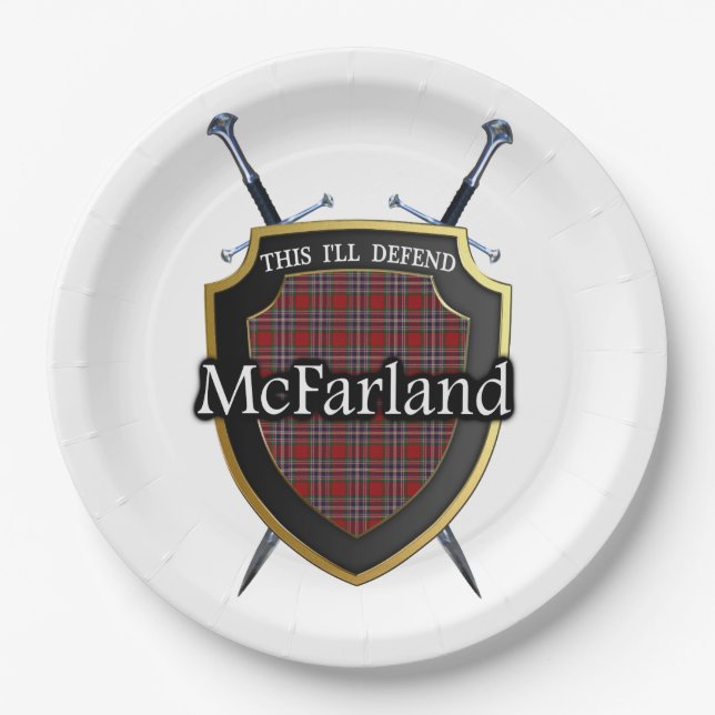 Clan McFarland Tartan-Schild u. Schwerter Pappteller (Vorderseite)
