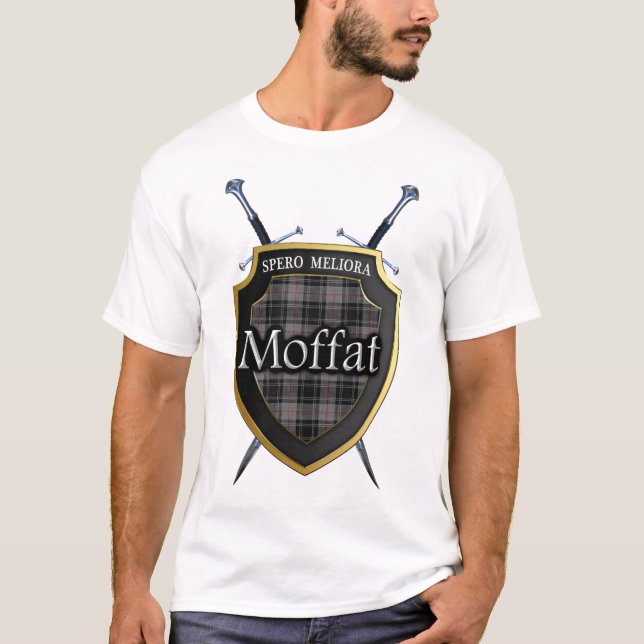 Clan Moffat Tartan-kariertes Schild u. Schwerter T-Shirt (Vorderseite)