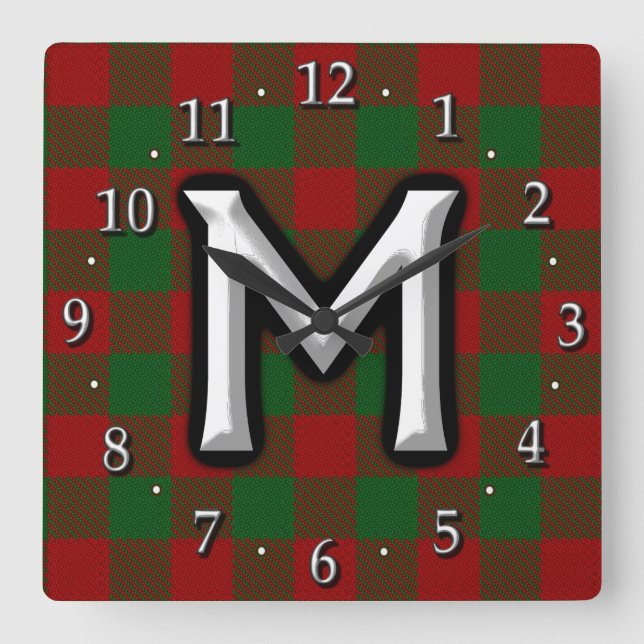 Clan Moncreiffe Moncrief Letter M Monogram Tartan Quadratische Wanduhr (Vorderseite)