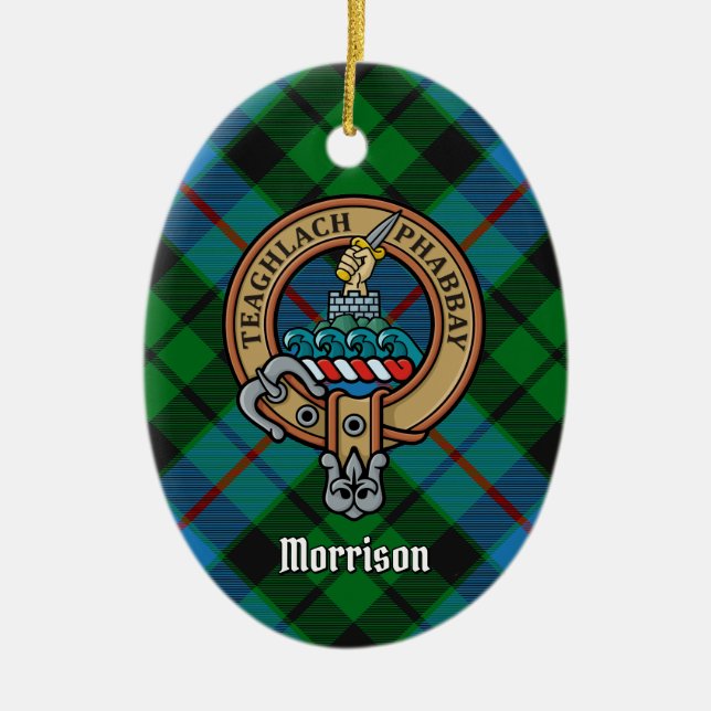 Clan Morrison Wappen über die Jagd auf Tartan Keramik Ornament (Vorne)
