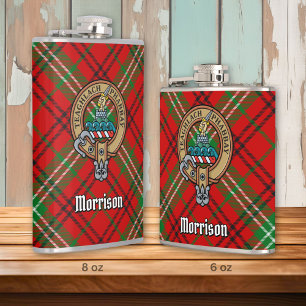 Clan Morrison Wappen über Red Tartan Flachmann