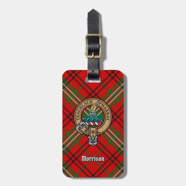 Clan Morrison Wappen über Red Tartan Gepäckanhänger (Vorderseite vertikal)