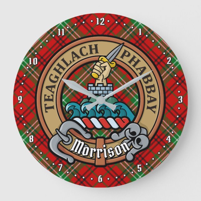 Clan Morrison Wappen über Red Tartan Große Wanduhr (Vorderseite)