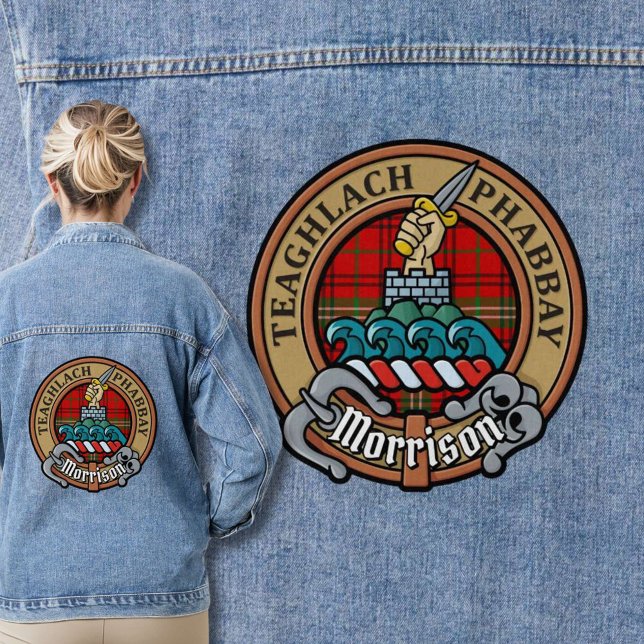 Clan Morrison Wappen über Red Tartan Jeansjacke (Von Creator hochgeladen)