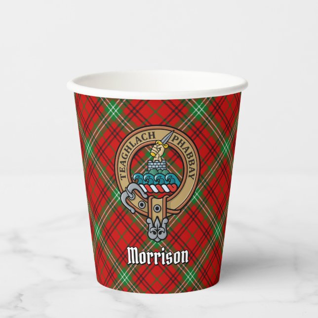 Clan Morrison Wappen über Red Tartan Paper Cups Pappbecher (Vorderseite)