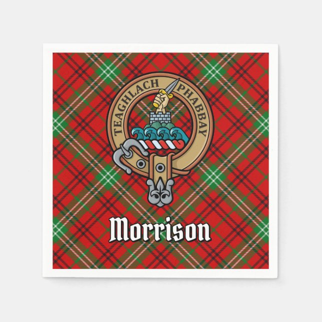 Clan Morrison Wappen über Red Tartan Serviette (Vorderseite)