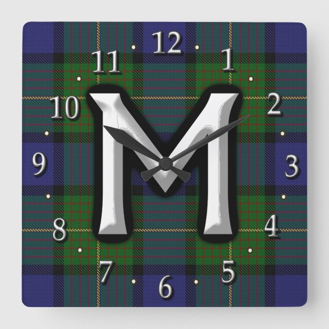 Clan Muir Letter M Monogram Tartan Quadratische Wanduhr (Vorderseite)