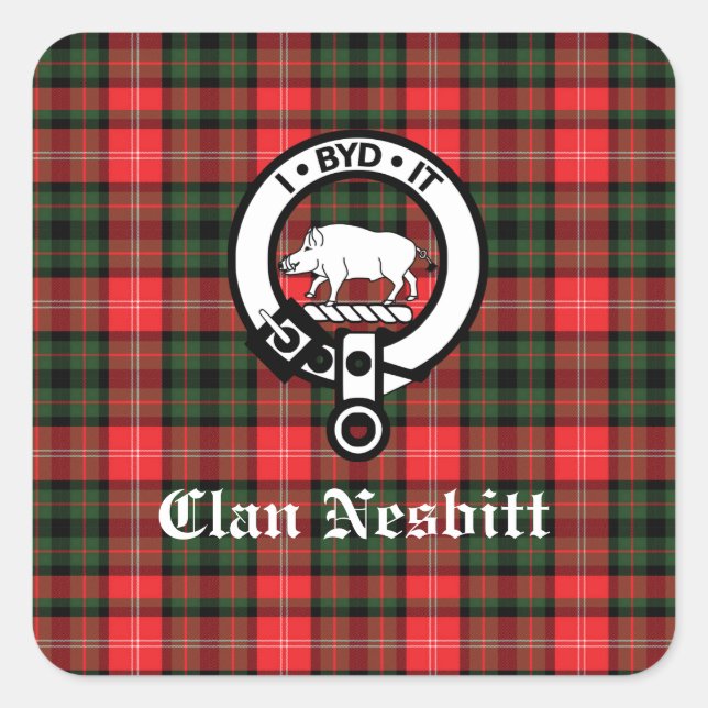 Clan Nesbitt Wappen Abzeichen & Tartan Personalisi Quadratischer Aufkleber (Vorderseite)