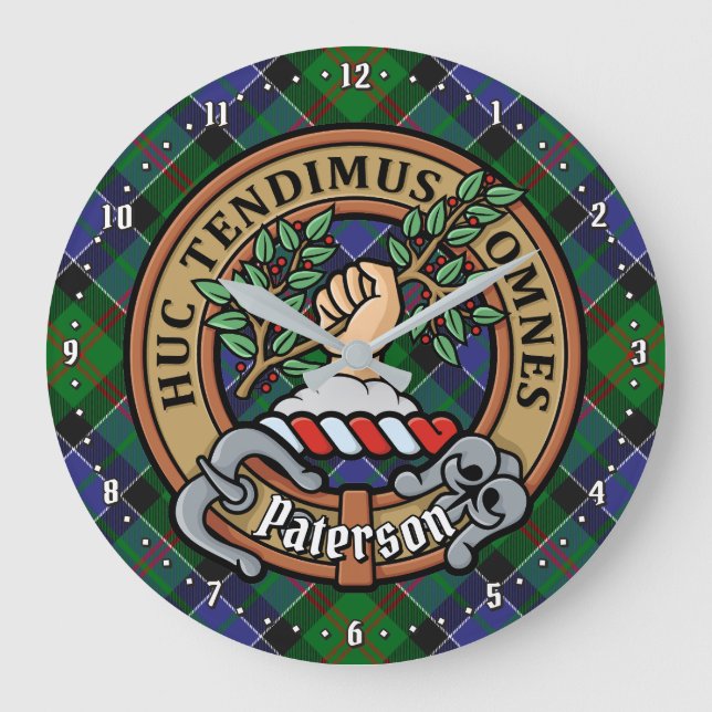 Clan Paterson Wappen über Tartan Große Wanduhr (Vorderseite)