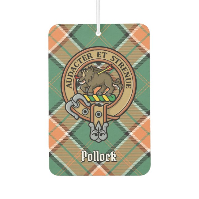 Clan Pollock Wappen über Tartan Autolufterfrischer (Vorderseite)