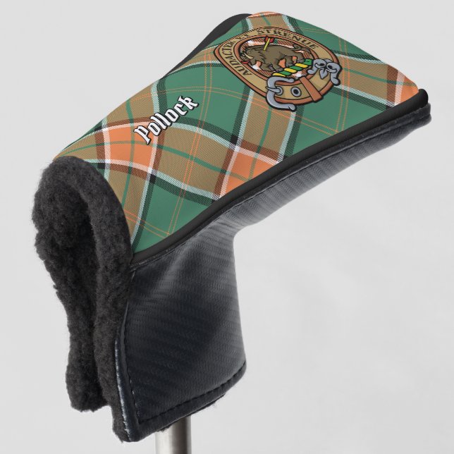 Clan Pollock Wappen über Tartan Golf Headcover (3/4 Vorderseite)