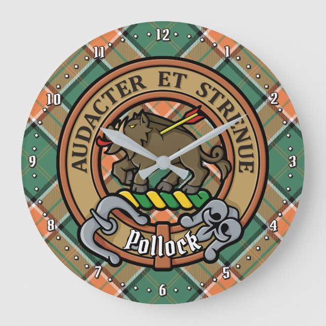 Clan Pollock Wappen über Tartan Große Wanduhr (Vorderseite)