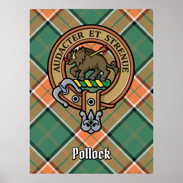 Clan Pollock Wappen über Tartan Poster (Vorne)