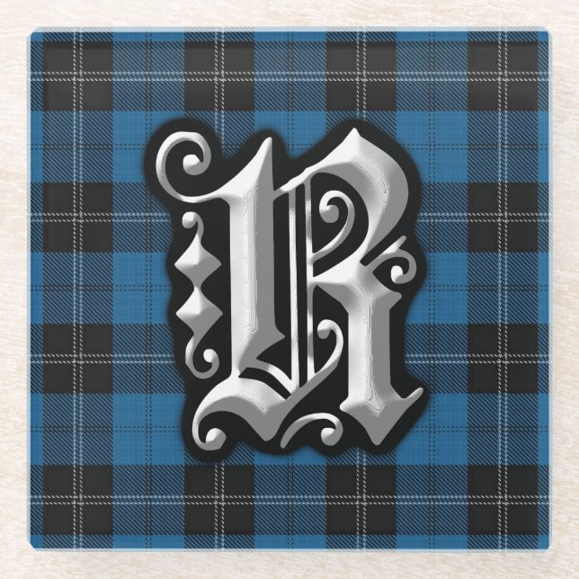 Clan Ramsay Ramsey Letter R Monogram Blue Tartan Glasuntersetzer (Vorderseite)
