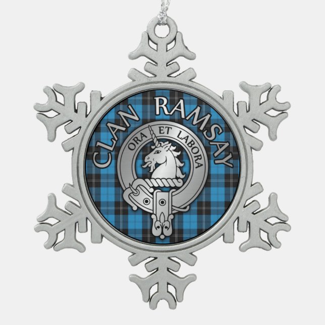 Clan Ramsay Wappen & Jagd Tartan Knot Schneeflocken Zinn-Ornament (Vorderseite)