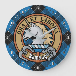 Clan Ramsay Wappen über Blue Hunting Tartan Große Wanduhr