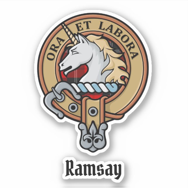 Clan Ramsay Wappen über Red Tartan Aufkleber (Vorderseite)