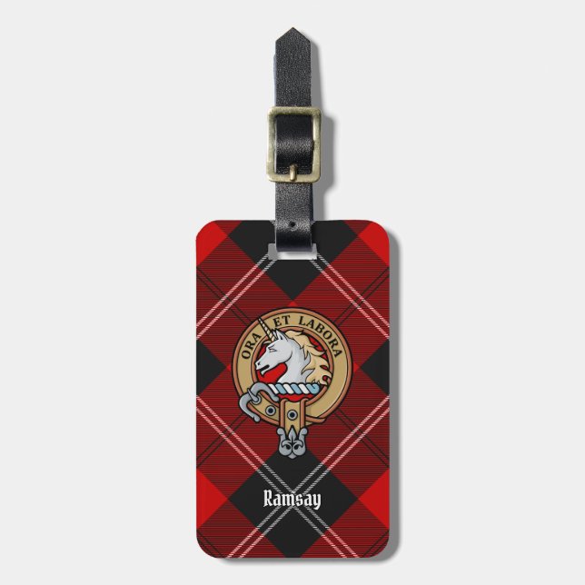 Clan Ramsay Wappen über Red Tartan Gepäckanhänger (Vorderseite vertikal)