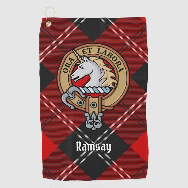 Clan Ramsay Wappen über Red Tartan Golfhandtuch (Vorderseite)
