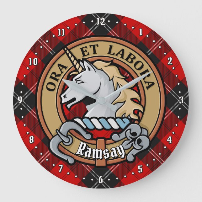 Clan Ramsay Wappen über Red Tartan Große Wanduhr (Vorderseite)